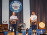 Majs Rozier and McCormick with Generals LeMay and Spaatz Trophies and Plaques, respectively