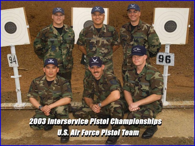 The 2003 USAF Interservice Pistol Team
LtCol Arthur Rozier, Col Joe Chang, LtCol David McCormick, MSgt Alex Barin, MSgt(s) Daniel Bouchee, 1Lt Wayne Stiles