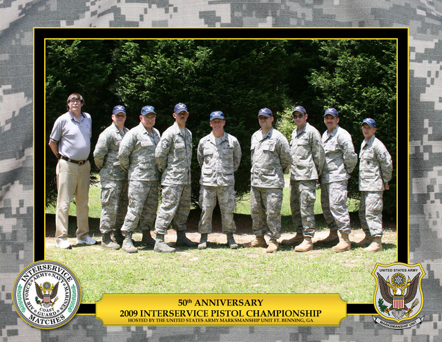 2009 InterService Pistol Team
Coach Edwin Hall, LtCol Adam Nyenhuis, Col Mark Hays, SMSgt Dan Bouchee, Col Mark Teskey, Capt William Hope, SrA Logan VanHouten, MSgt(s) Paul Noblit, TSgt Brendan McGloin