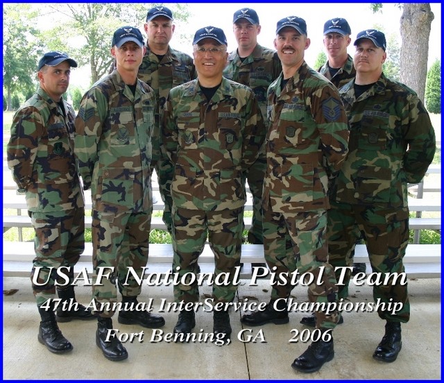 2006 USAF National Pistol Team at 47th InterService Matches
Left to Right: Capt Mike McGivern, SSgt Sergey Aguryanov, LtCol Mark Hays, Col Joe Chang, SSgt Kallan Slater, MSgt Dan Bouchee, LtCol Mark Teskey, LtCol Art Rozier