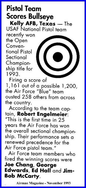 In 1993 USAF Blue won the NRA National Indoor Team Conventional Pistol Championship and were featured and were mentioned in an Airman magazine article. For more history, see Highlights in History...
