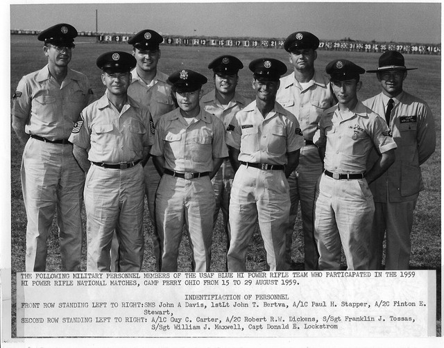 1959 National High Power Rifle Team (USAF Blue)
A1C Guy Carter, SMSgt John Davis, A2C Robert Dickens, 1Lt John Bertva, SSgt Franklin Tossas, A1C Paul Stapper, SSgt William Maxwell, A2C Finton Stewart, Capt Donald Lockstrom
