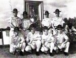 National Trophy Team Winners
Standing: TSgt Fred Dean, TSgt Franklin J. Tossas, SSgt Kurt Degerlund, SSgt Bobby E. Smith
Kneeling: 1Lt Dennis D. Behrens, MSgt Leon Linscott (Team Capt), SSgt David Thompson (Team Coach), A1C Aldo E. Frascoia